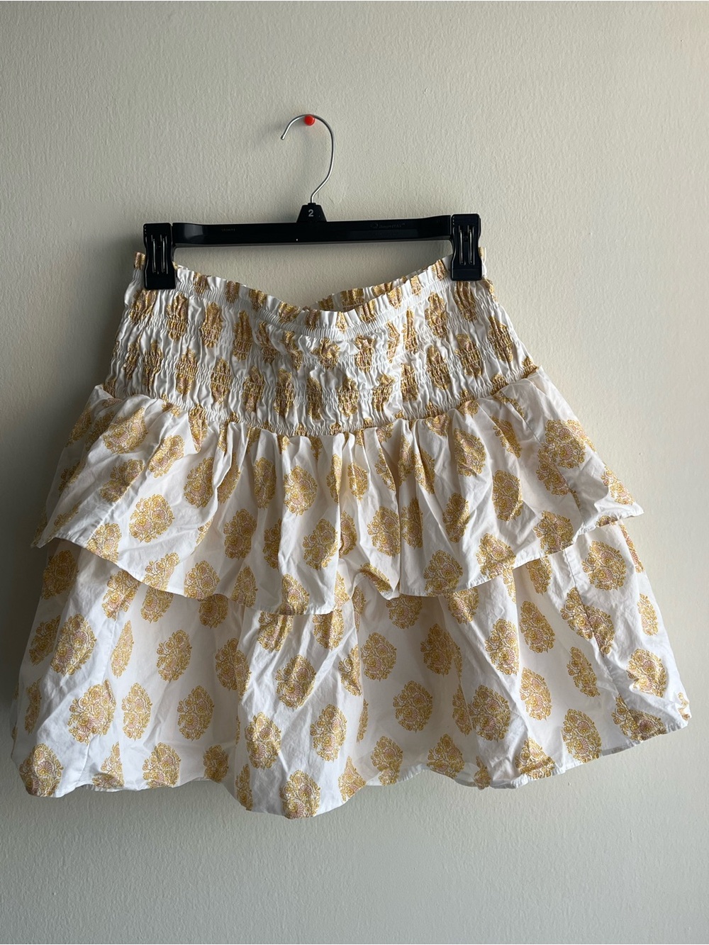 J. Crew White Skirt with Gold Paisley Print Floral and Tiered Ruffle Size Large